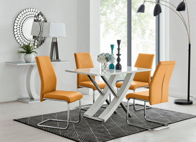 Furniturebox UK Mayfair 4 White High Gloss And Stainless Steel Dining Table And 4 Mustard Lorenzo Chairs Set