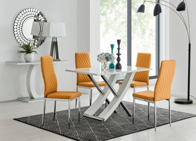 Furniturebox UK Mayfair 4 White High Gloss And Stainless Steel Dining Table And 4 Mustard Milan Chairs Set