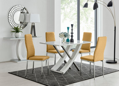 Furniturebox UK Mayfair 4 White High Gloss And Stainless Steel Dining Table And 4 Mustard Velvet Milan Chairs