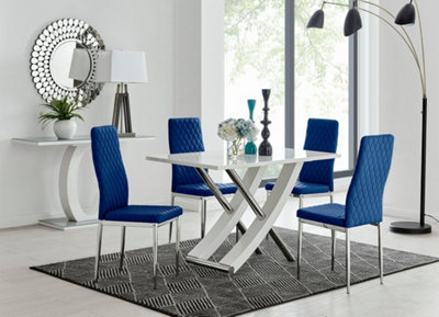 Furniturebox UK Mayfair 4 White High Gloss And Stainless Steel Dining Table And 4 Navy Velvet Milan Chairs
