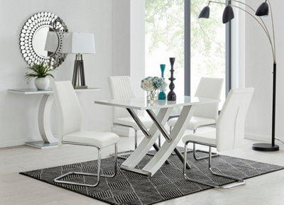 Furniturebox UK Mayfair 4 White High Gloss And Stainless Steel Dining Table And 4 White Lorenzo Chairs Set
