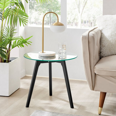 Furniturebox UK Medium Side Table - Malmo Round Glass Side Table - Clear Glass Tabletop with Angled Black Beech Wood Legs