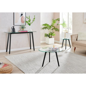 Furniturebox UK Modern Beech Living Room Table Set - Malmo Glass Side Table and Round Coffee Table with Rectangular Console Table