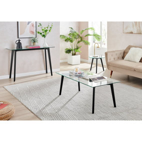 Furniturebox UK Modern Beech Wood Living Room Table Set - Malmo Round Glass Side Table Rectangular Console Table and Coffee Table