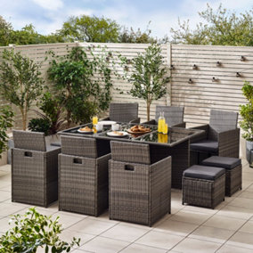 Furniturebox UK Monaco Grey PE Rattan Outdoor Garden 10 Seater Dining Table and Chairs Set with Dark Grey Cushions - Free Cover
