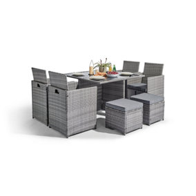 Furniturebox UK Monaco Grey Rattan Outdoor Garden 8 Seater Dining Table and Chairs Set, PE Rattan with Dark Grey Cushions