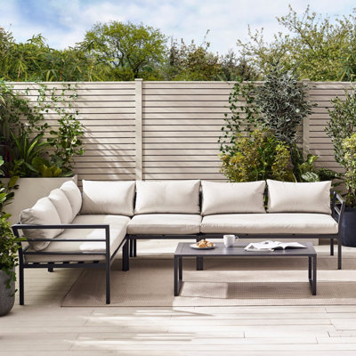 Furniturebox UK Montenegro Grey Metal 6 Seat Outdoor Garden Sofa Set, 6 seat corner sofa + coffee table - Free Cover