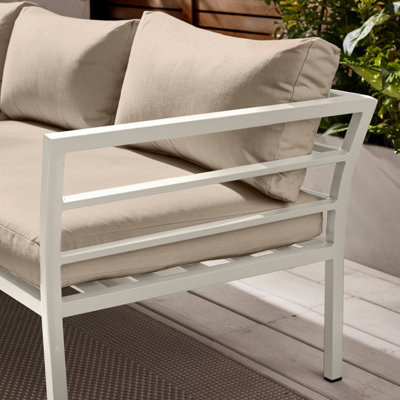 Furniturebox UK Montenegro White Metal 6 Seat Outdoor Garden Sofa Set, Taupe Cushions, 6 seat corner sofa + metal coffee table