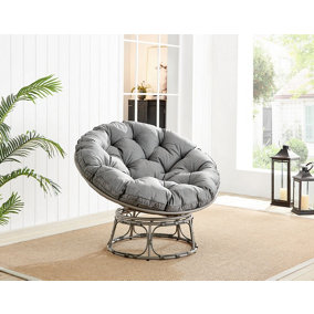Furniturebox UK Moon Grey Rattan Garden Papasan Chair in Textured Grey Rattan Weave and Thick Grey Cushion - Single Garden Chair