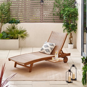 Furniturebox UK Nata Sun Lounger Sofa - Solid Wood Brown Rattan and Black Metal - Adjustable Back - For Gardens, Patios & Decks