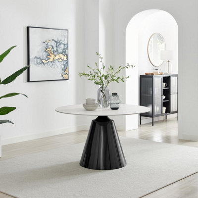Furniturebox UK Nina Round White Marble Effect Dining Table - Glossy Finish, Gunmetal Grey Central Pillar, Seats 4-6
