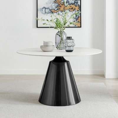 Furniturebox UK Nina Round White Marble Effect Dining Table - Glossy Finish, Gunmetal Grey Central Pillar, Seats 4-6