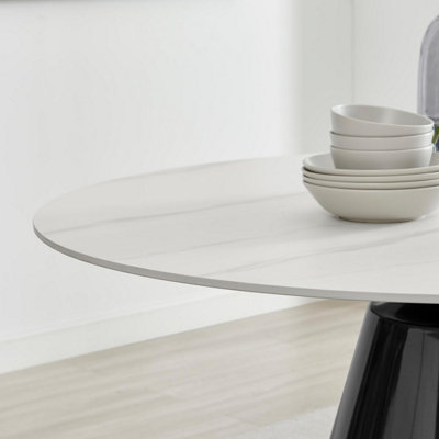 Furniturebox UK Nina Round White Marble Effect Dining Table - Glossy Finish, Gunmetal Grey Central Pillar, Seats 4-6