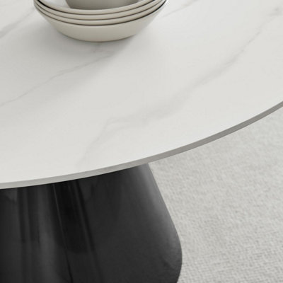 Furniturebox UK Nina Round White Marble Effect Dining Table - Glossy Finish, Gunmetal Grey Central Pillar, Seats 4-6