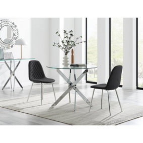 Furniturebox UK Novara 100cm Round Dining Table & 2 Black Corona Silver Chairs
