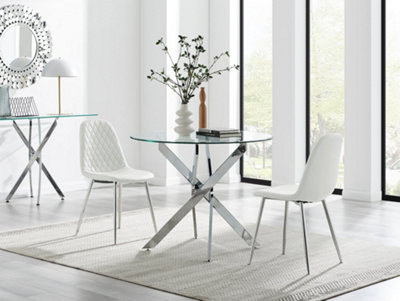 Furniturebox UK Novara 100cm Round Dining Table & 2 White Corona Silver Chairs