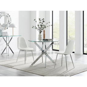 Furniturebox UK Novara 100cm Round Dining Table & 2 White Corona Silver Chairs