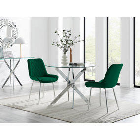 Furniturebox UK Novara 100cm Round  Dining Table and 2 Green Pesaro Silver Leg Chairs