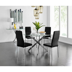 Furniturebox UK Novara 120cm Round Dining Table and 4 Black Velvet Milan Chairs