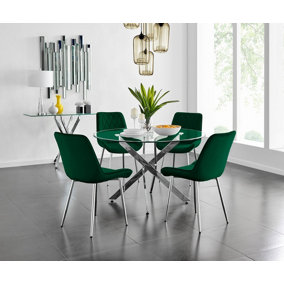Furniturebox UK Novara 120cm Round Dining Table and 4 Green Pesaro Silver Leg Chairs