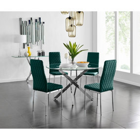 Furniturebox UK Novara 120cm Round Dining Table and 4 Green Velvet Milan Chairs