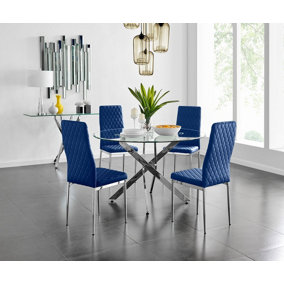 Furniturebox UK Novara 120cm Round Dining Table and 4 Navy Velvet Milan Chairs