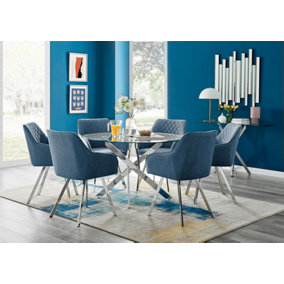 Furniturebox UK Novara 120cm Round Dining Table and 6 Blue Falun Silver Leg Chairs