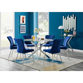 Furniturebox UK Novara 120cm Round Dining Table and 6 Blue Nora Silver Leg Chairs