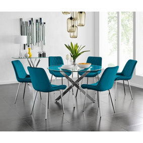 Furniturebox UK Novara 120cm Round Dining Table and 6 Blue Pesaro Silver Leg Chairs
