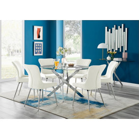 Furniturebox UK Novara 120cm Round Dining Table and 6 Cream Nora Silver Leg Chairs