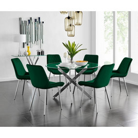 Furniturebox UK Novara 120cm Round Dining Table and 6 Green Pesaro Silver Leg Chairs