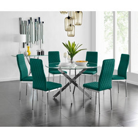 Furniturebox UK Novara 120cm Round Dining Table and 6 Green Velvet Milan Chairs