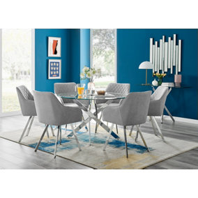 Furniturebox UK Novara 120cm Round Dining Table and 6 Light Grey Falun Silver Leg Chairs