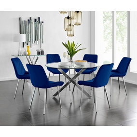 Furniturebox UK Novara 120cm Round Dining Table and 6 Navy Pesaro Silver Leg Chairs