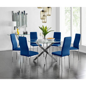 Furniturebox UK Novara 120cm Round Dining Table and 6 Navy Velvet Milan Chairs