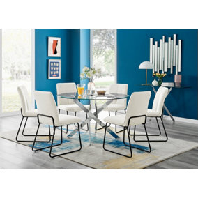 Furniturebox UK Novara 120cm Round Glass Dining Table & 6 Cream Halle Chairs