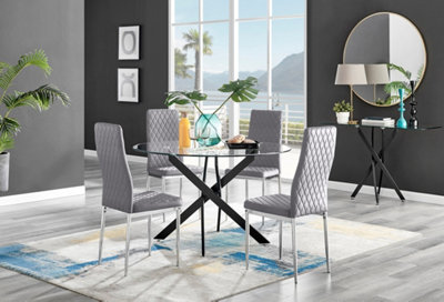 Furniturebox UK Novara Black Leg 120cm Round Glass Dining Table 4 Grey Velvet Milan Chairs