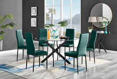 Furniturebox UK Novara Black Leg 120cm Round Glass Dining Table & 6 Green Velvet Milan Black Leg Chairs