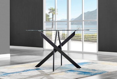 Furniturebox UK Novara Black Leg 120cm Round Glass Dining Table & 6 Green Velvet Milan Black Leg Chairs