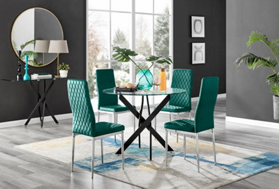 Furniturebox UK Novara Black Leg Round Glass Dining Table & 4 Green Velvet Milan Chairs