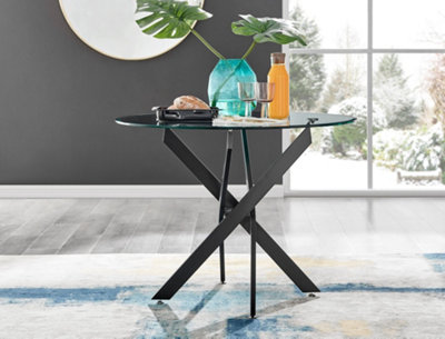 Furniturebox UK Novara Black Leg Round Glass Dining Table & 4 Green Velvet Milan Chairs