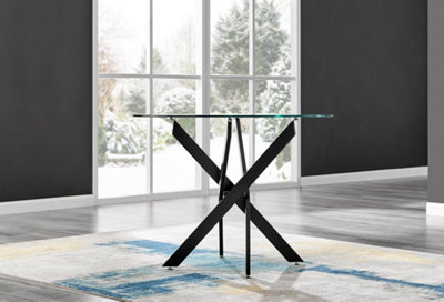 Furniturebox UK Novara Black Leg Round Glass Dining Table & 4 Green Velvet Milan Chairs