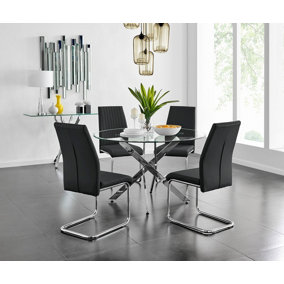 Furniturebox UK Novara Chrome Metal And Glass Large Round Dining Table And 4 Black Lorenzo Chairs Set