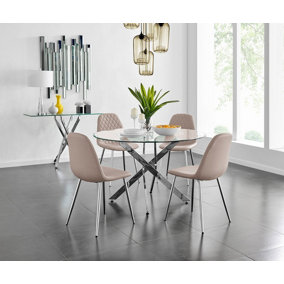Furniturebox UK Novara Chrome Metal And Glass Large Round Dining Table And 4 Cappuccino Beige Corona Silver Chairs Set