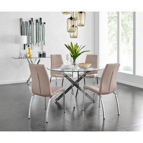 Furniturebox UK Novara Chrome Metal And Glass Large Round Dining Table And 4 Cappuccino Beige Isco Chairs Set