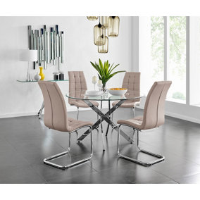 Furniturebox UK Novara Chrome Metal And Glass Large Round Dining Table And 4 Cappuccino Beige Murano Chairs Set