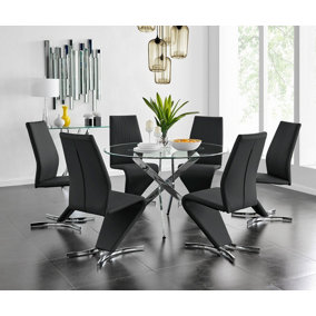 Furniturebox UK Novara Chrome Metal And Glass Large Round Dining Table And 6 Black Willow Chairs Set