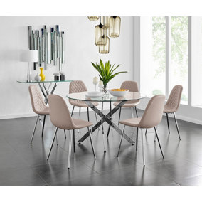 Furniturebox UK Novara Chrome Metal And Glass Large Round Dining Table And 6 Cappuccino Beige Corona Silver Chairs Set