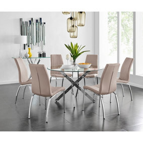 Furniturebox UK Novara Chrome Metal And Glass Large Round Dining Table And 6 Cappuccino Beige Isco Chairs Set