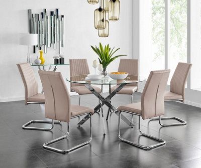 Furniturebox UK Novara Chrome Metal And Glass Large Round Dining Table And 6 Cappuccino Beige Lorenzo Chairs Set